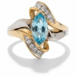 Vintage Marquise Topaz and Round Diamonds Ring 10 KT Yellow and White Gold  7.5